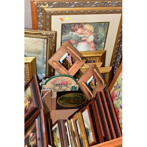 360 - TWO BOXES AND LOOSE, FRAMED PICTURES AND FRAMES, subjects include reproductions of late nineteenth e... 