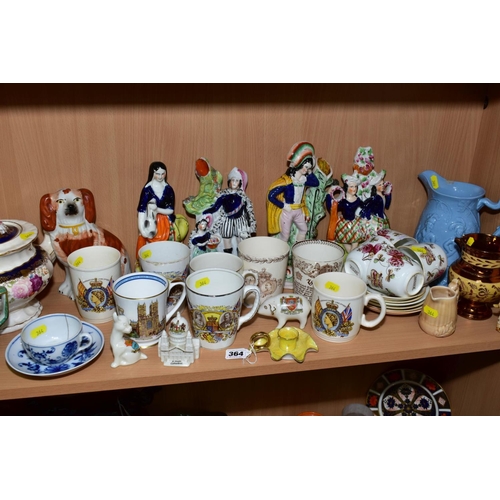 364 - A GROUP OF CERAMICS, to include crested wares, W H Goss lustre chamberstick, Royal commemorative mug... 