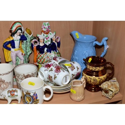 364 - A GROUP OF CERAMICS, to include crested wares, W H Goss lustre chamberstick, Royal commemorative mug... 