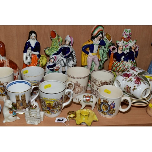 364 - A GROUP OF CERAMICS, to include crested wares, W H Goss lustre chamberstick, Royal commemorative mug... 