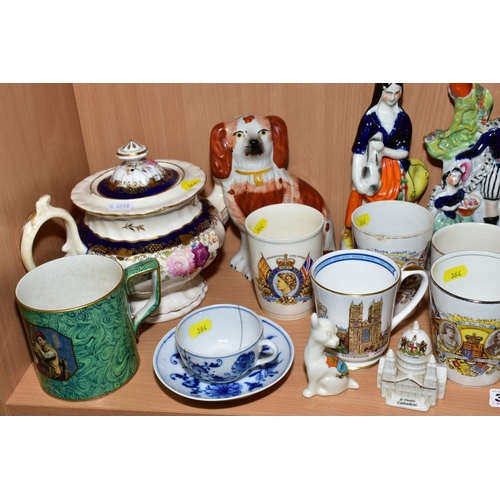 364 - A GROUP OF CERAMICS, to include crested wares, W H Goss lustre chamberstick, Royal commemorative mug... 