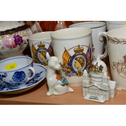 364 - A GROUP OF CERAMICS, to include crested wares, W H Goss lustre chamberstick, Royal commemorative mug... 