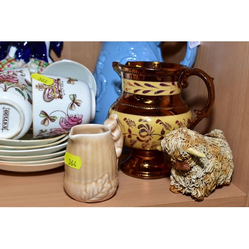 364 - A GROUP OF CERAMICS, to include crested wares, W H Goss lustre chamberstick, Royal commemorative mug... 