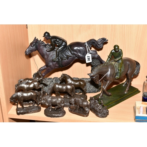 367 - A GROUP OF BRONZE FINISH RESIN SCULPTURES OF HORSES AND HORSE AND RIDERS, comprising Heredities 'Pon... 