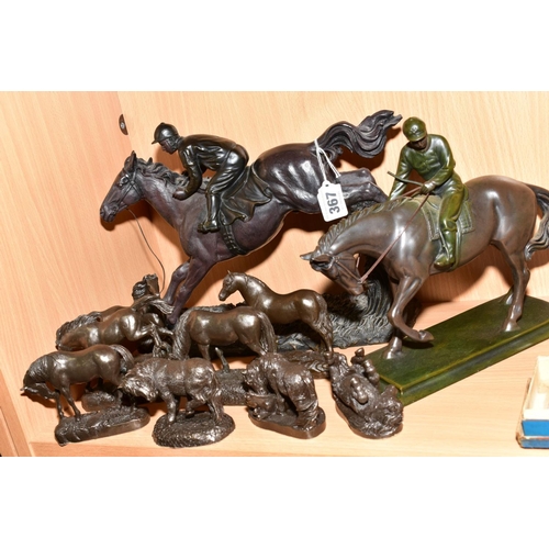 367 - A GROUP OF BRONZE FINISH RESIN SCULPTURES OF HORSES AND HORSE AND RIDERS, comprising Heredities 'Pon... 