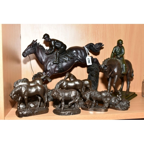 367 - A GROUP OF BRONZE FINISH RESIN SCULPTURES OF HORSES AND HORSE AND RIDERS, comprising Heredities 'Pon... 