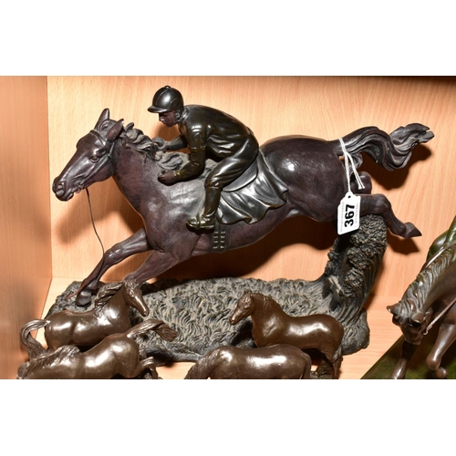 367 - A GROUP OF BRONZE FINISH RESIN SCULPTURES OF HORSES AND HORSE AND RIDERS, comprising Heredities 'Pon... 