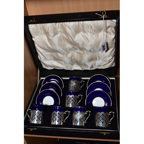 369 - A CASED SET OF SIX EARLY 20TH CENTURY AYNSLEY COFFEE CANS IN SILVER SLEEVES AND SAUCERS, blue and gi... 