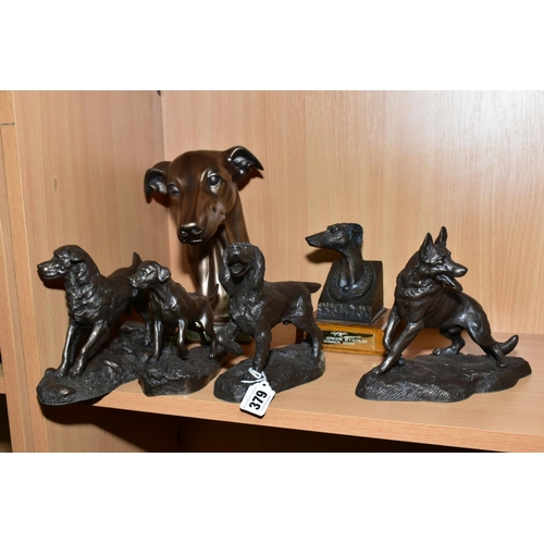 379 - FOUR HEREDITIES BRONZE COLD CAST FIGURES OF DOGS AND TWO OTHER BRONZED BUSTS OF GREYHOUNDS, the Here... 