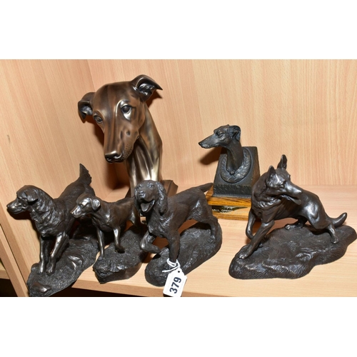 379 - FOUR HEREDITIES BRONZE COLD CAST FIGURES OF DOGS AND TWO OTHER BRONZED BUSTS OF GREYHOUNDS, the Here... 