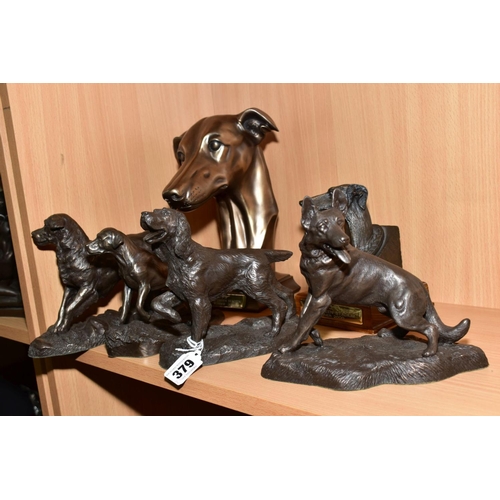 379 - FOUR HEREDITIES BRONZE COLD CAST FIGURES OF DOGS AND TWO OTHER BRONZED BUSTS OF GREYHOUNDS, the Here... 