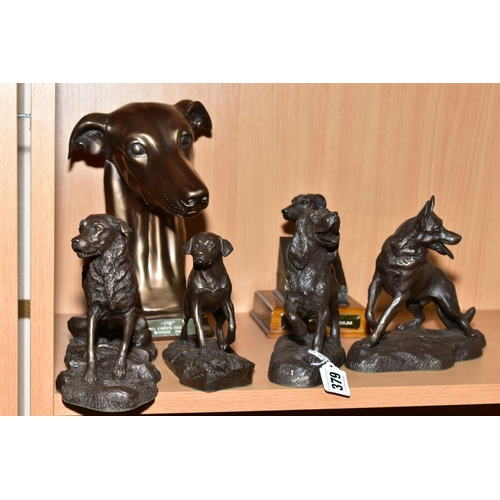 379 - FOUR HEREDITIES BRONZE COLD CAST FIGURES OF DOGS AND TWO OTHER BRONZED BUSTS OF GREYHOUNDS, the Here... 