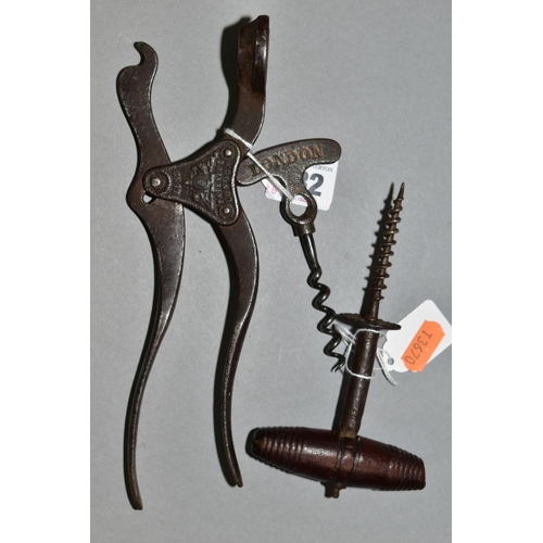 382 - A 19TH CENTURY LUND LEVER AND ASSOCIATED CORKSCREW, the lever named 'LUND PATENTEE LONDON' and 'THE ... 