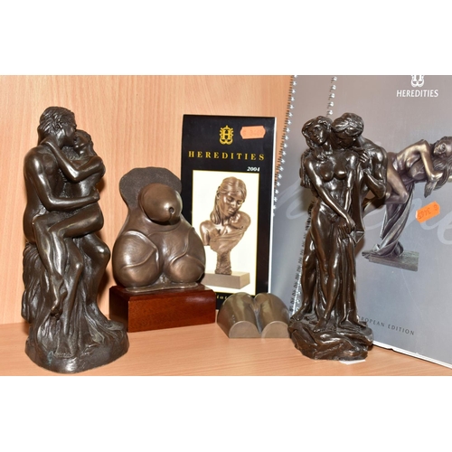 385 - EROTICA, A COLLECTION OF FIVE BRONZED RESIN SCULPTURES, three of male and female nudes embracing, ti... 