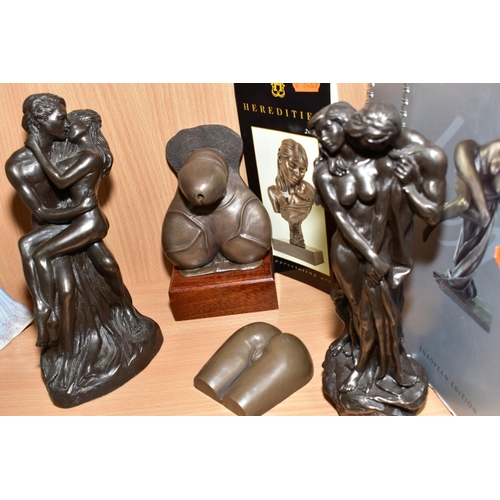 385 - EROTICA, A COLLECTION OF FIVE BRONZED RESIN SCULPTURES, three of male and female nudes embracing, ti... 