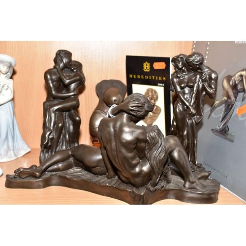 385 - EROTICA, A COLLECTION OF FIVE BRONZED RESIN SCULPTURES, three of male and female nudes embracing, ti... 