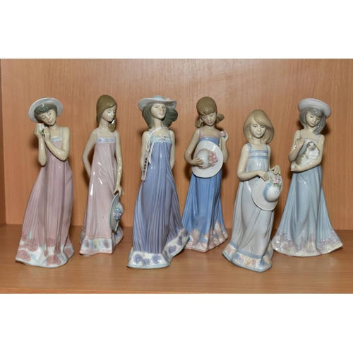 386 - A SET OF SIX LLADRO GIRLS WITH STRAW HATS FIGURES, designed and sculpted by Juan Huerta, comprising ... 