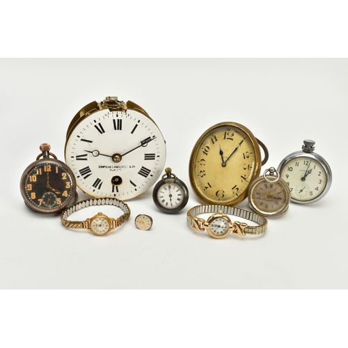 39 - A SELECTION OF CLOCKS, WRISTWATCHES AND POCKET WATCHES, to include a brass travel clock, gold dial, ... 