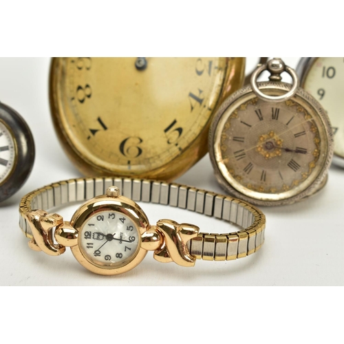 39 - A SELECTION OF CLOCKS, WRISTWATCHES AND POCKET WATCHES, to include a brass travel clock, gold dial, ... 