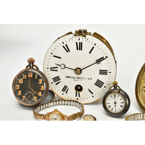 39 - A SELECTION OF CLOCKS, WRISTWATCHES AND POCKET WATCHES, to include a brass travel clock, gold dial, ... 