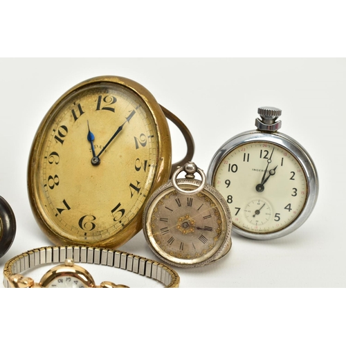 39 - A SELECTION OF CLOCKS, WRISTWATCHES AND POCKET WATCHES, to include a brass travel clock, gold dial, ... 