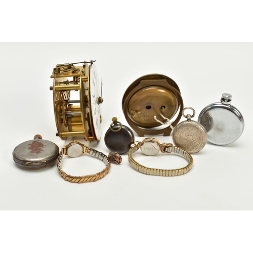 39 - A SELECTION OF CLOCKS, WRISTWATCHES AND POCKET WATCHES, to include a brass travel clock, gold dial, ... 