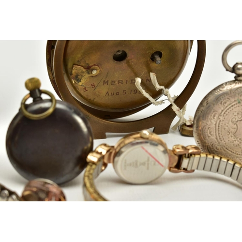 39 - A SELECTION OF CLOCKS, WRISTWATCHES AND POCKET WATCHES, to include a brass travel clock, gold dial, ... 