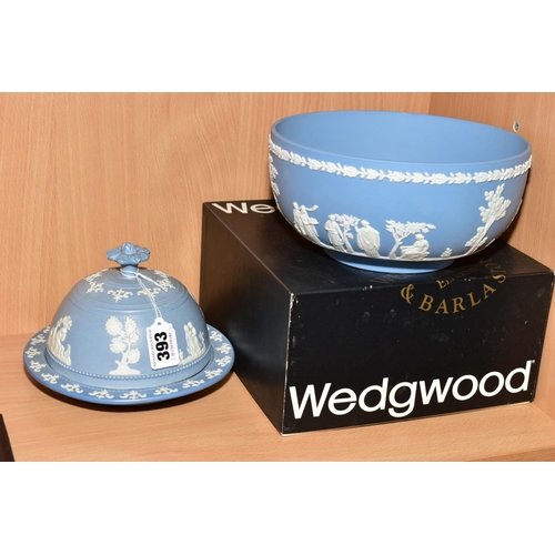 393 - A BOXED WEDGWOOD PALE BLUE JASPERWARE FRUIT BOWL, impressed marks diameter 20cm, together with a Vic... 