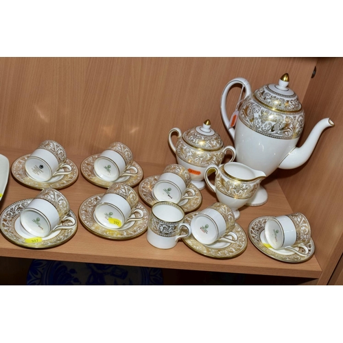 397 - A WEDGWOOD BONE CHINA COFFEE SET, pattern No. W4219 (Gold Florentine), mixed backstamps/ages, compri... 