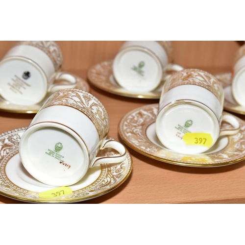 397 - A WEDGWOOD BONE CHINA COFFEE SET, pattern No. W4219 (Gold Florentine), mixed backstamps/ages, compri... 