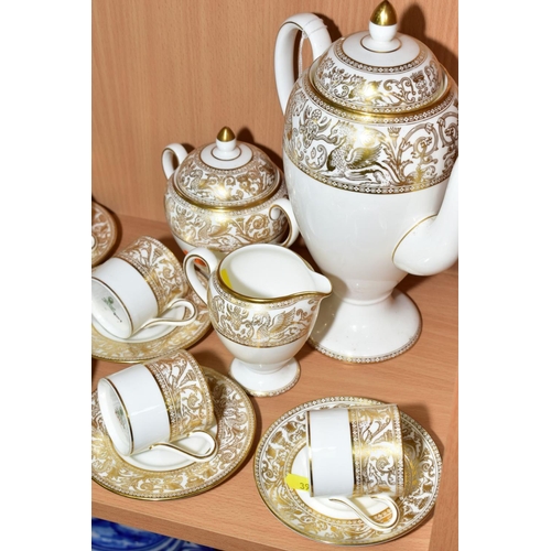 397 - A WEDGWOOD BONE CHINA COFFEE SET, pattern No. W4219 (Gold Florentine), mixed backstamps/ages, compri... 