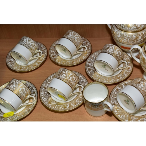 397 - A WEDGWOOD BONE CHINA COFFEE SET, pattern No. W4219 (Gold Florentine), mixed backstamps/ages, compri... 