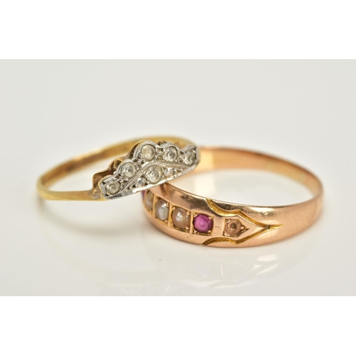 4 - TWO GEM SET RINGS, to include a 15ct gold five stone ring, set with three split pearls, flaked with ... 