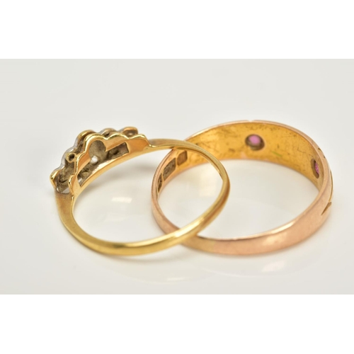 4 - TWO GEM SET RINGS, to include a 15ct gold five stone ring, set with three split pearls, flaked with ... 