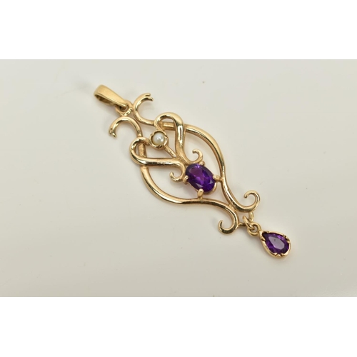 40 - A 9CT GOLD AMETHYST AND SPLIT PEARL PENDANT, of open scroll design, set with a central oval cut amet... 