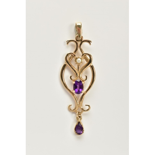 40 - A 9CT GOLD AMETHYST AND SPLIT PEARL PENDANT, of open scroll design, set with a central oval cut amet... 