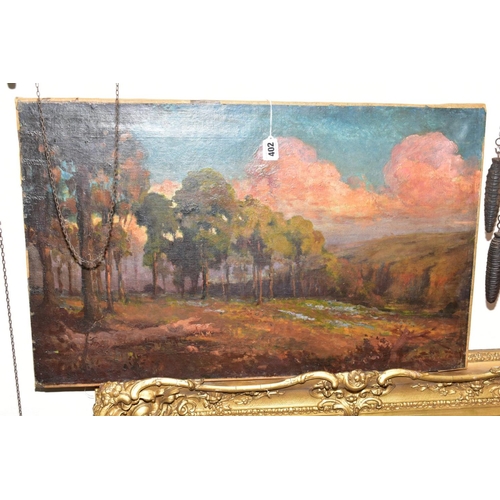 402 - PAINTING AND PRINTS ETC, to include an early 20th century sunset over a woodland, unsigned oil on re... 