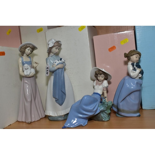 413 - FOUR NAO FIGURES, 'Girl with Puppy' No. 0241 (boxed), 'Pampered Poodle' No. 1157 (boxed) 'Girl With ... 