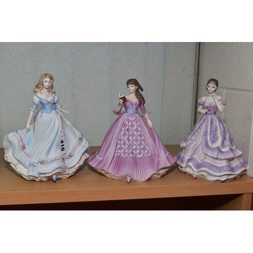 416 - THREE COALPORT/DANBURY MINT FIGURES, from The Age of Romance Collection, 'First Love', 'Lady Carolin... 