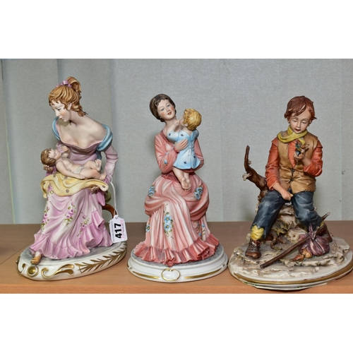 417 - THREE CAPO DI MONTE PORCELAIN FIGURES, two depicting mothers holding infants, both signed 'Cortese' ... 