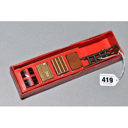 419 - A BOXED HORNBY SERIES 0 GAUGE RAILWAY ACCESSORIES No 1 SET, complete with four cases/trunks and trol... 