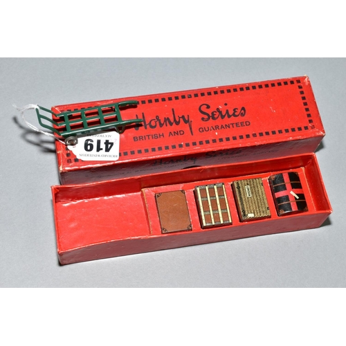 419 - A BOXED HORNBY SERIES 0 GAUGE RAILWAY ACCESSORIES No 1 SET, complete with four cases/trunks and trol... 