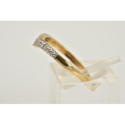 42 - A 9CT GOLD DIAMOND V SHAPE RING, the V shape design set with a row of single cut diamonds, plain pol... 