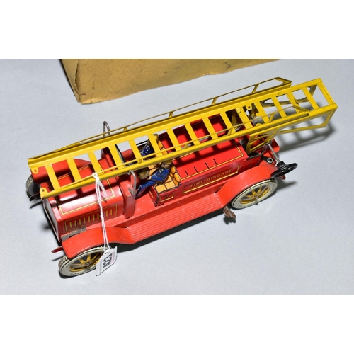 423 - A DISTLER TINPLATE CLOCKWORK FIRE ENGINE, missing extension ladder and winding mechanism and headlam... 