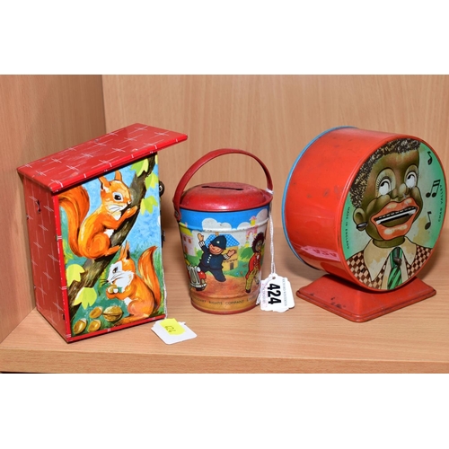 424 - A CHAD VALLEY TINPLATE NODDY MONEY BOX, in the form of a bucket with multicoloured lithographed desi... 