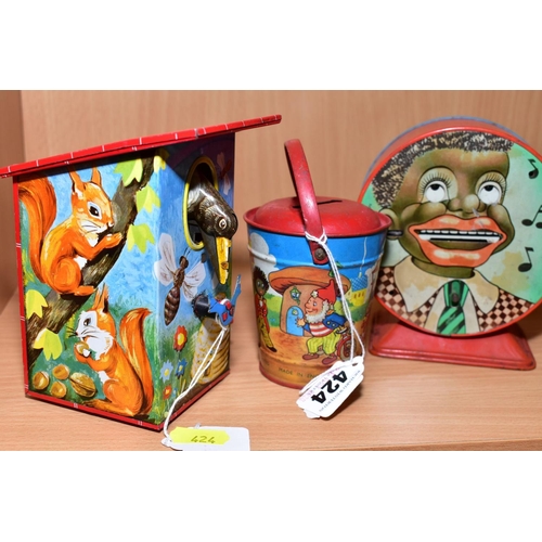 424 - A CHAD VALLEY TINPLATE NODDY MONEY BOX, in the form of a bucket with multicoloured lithographed desi... 