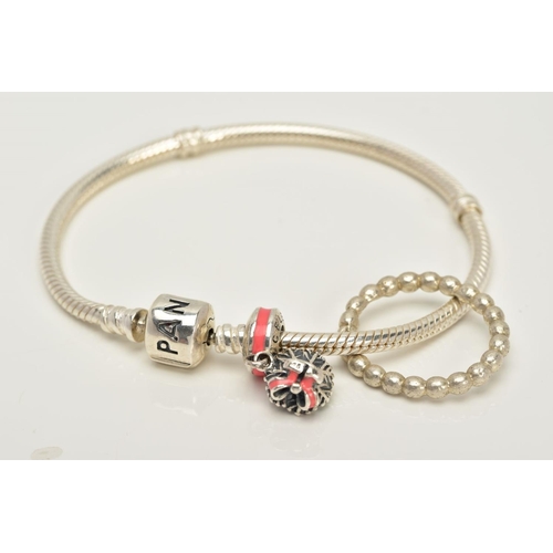 43 - A PANDORA CHARM BRACELET AND WHITE METAL RING, the snake bracelet suspending a bouquet of flowers 'C... 