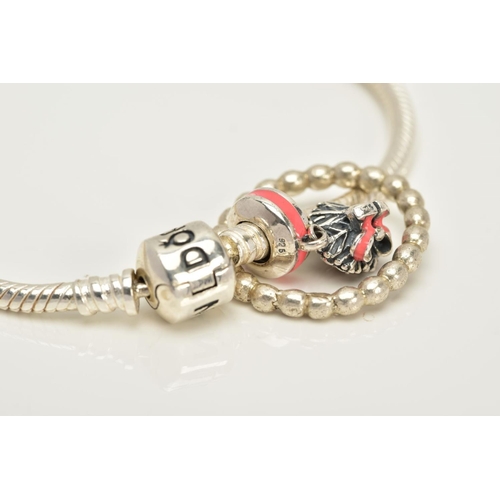 43 - A PANDORA CHARM BRACELET AND WHITE METAL RING, the snake bracelet suspending a bouquet of flowers 'C... 