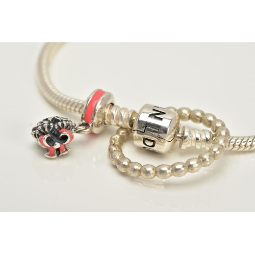 43 - A PANDORA CHARM BRACELET AND WHITE METAL RING, the snake bracelet suspending a bouquet of flowers 'C... 