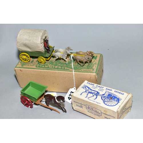 433 - A BOXED MODERN PRODUCTS COVERED WAGON WITH FOUR HORSES, green body, yellow wheels, plain canopy with... 